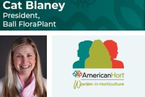 collage with Cat Blaney and American Hort Women in Horticulture logo