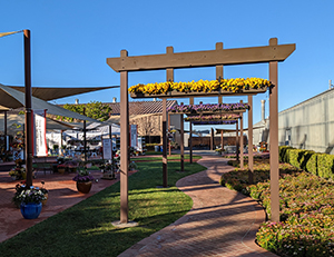 A flower-filled skyframe backed by a deep blue sky